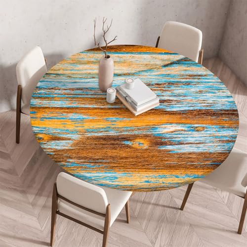 Treer Holzmaserung Textur Druck Tischdecke,Lotuseffekt Tischdecke Abwaschbar Elastisch Rund Gartentischdecke,für Küche,Esstisch,Parteien Wiederverwendbar Outdoor Tischdecken (Blau-Orange,130cm) von Treer