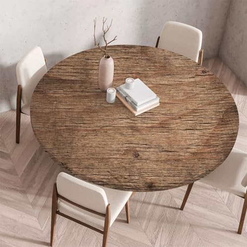 Treer Holzmaserung Textur Druck Tischdecke,Lotuseffekt Tischdecke Abwaschbar Elastisch Rund Gartentischdecke,für Küche,Esstisch,Parteien Wiederverwendbar Outdoor Tischdecken (Braun,130cm) von Treer