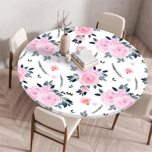 Treer Kleine Frische Blumen Tischdecke Outdoor, Lotuseffekt Tischdecke Abwaschbar Elastisch Rund Gartentischdecke, für Küche,Esstisch,Parteien Wiederverwendbar Tischdecken (Rose,80cm) von Treer
