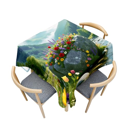 Treer Landschaftsblumenmuster Tischdecke Abwaschbar, Tischdecke Haben Lotuseffekt, Spritzfest Tischdecken, Gartentischdecke für Küchendekoration Eckig Picknick Freien (Bunt,180x180cm) von Treer