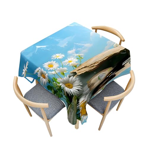 Treer Landschaftsblumenmuster Tischdecke Abwaschbar, Tischdecke Haben Lotuseffekt, Spritzfest Tischdecken, Gartentischdecke für Küchendekoration Eckig Picknick Freien (Gänseblümchen,200x200cm) von Treer