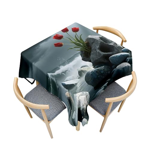 Treer Landschaftsblumenmuster Tischdecke Abwaschbar, Tischdecke Haben Lotuseffekt, Spritzfest Tischdecken, Gartentischdecke für Küchendekoration Eckig Picknick Freien (Tulpen,140x140cm) von Treer