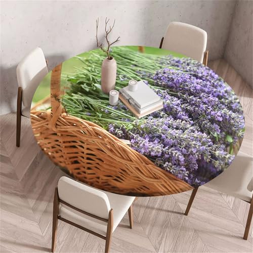 Treer Lavendel-Druck Tischdecke Outdoor Rund, Lotuseffekt Tischdecke Abwaschbar Elastisch Rund Gartentischdecke, für Garten, Küche, Esstisch, Parteien Tischdecken (Lavendel 3,120cm) von Treer