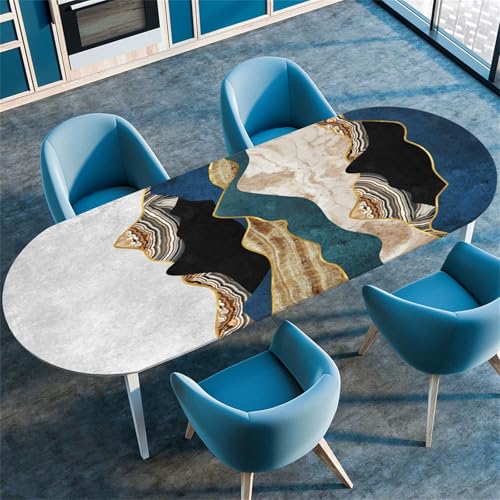 Treer Nordisches Schlichtes Design Tischdecke Oval, Lotuseffekt Tischdecken, Fleckschutz Gartentischdecke mit Elastischem Rand, Outdoor Küche Tischdecke Abwaschbar Picknick (Blau,132x305cm) von Treer