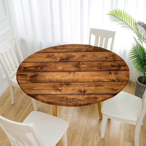 Treer Retro-Holzmaserung Tischdecke Outdoor Rund, Lotuseffekt Tischdecke Abwaschbar Elastisch Rund Gartentischdecke, für Garten, Küche, Esstisch, Parteien Tischdecken (Braun,90cm) von Treer