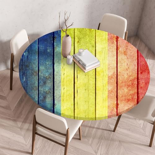 Treer Retro-Holzmaserungsdruck Tischdecke Outdoor,Lotuseffekt Tischdecke Abwaschbar Elastisch Rund Gartentischdecke,für Küche,Esstisch,Parteien Wiederverwendbar Tischdecken (Bunt,130cm) von Treer
