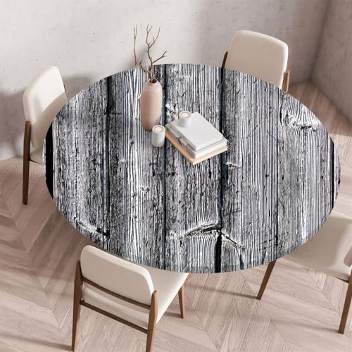 Treer Retro-Holzmaserungsdruck Tischdecke Outdoor,Lotuseffekt Tischdecke Abwaschbar Elastisch Rund Gartentischdecke,für Küche,Esstisch,Parteien Wiederverwendbar Tischdecken (Grau,90cm) von Treer