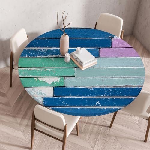 Treer Rund Tischdecke Abwaschbar, Blaue Holzbretter Lotuseffekt Tischdecken, Outdoor Tischdecke, Elastisch Rund Gartentischdecke, Table Cloth für Garten, Küche, Parteien (Blau 5,120cm) von Treer