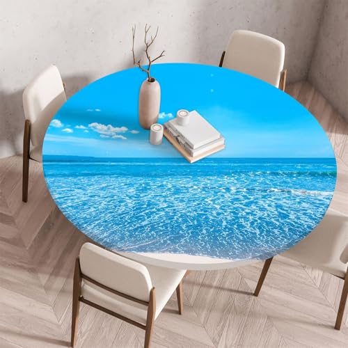 Treer Rund Tischdecke Abwaschbar, Drucke mit Meeresmotiven Lotuseffekt Tischdecken, Outdoor Tischdecke, Elastisch Rund Gartentischdecke, Table Cloth für Garten, Küche, Parteien (Blau 2,130cm) von Treer