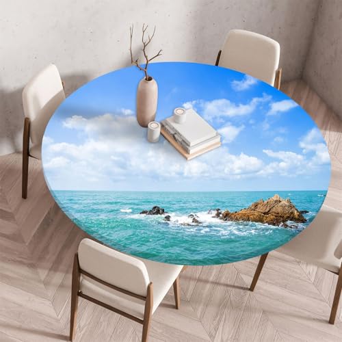 Treer Rund Tischdecke Abwaschbar, Drucke mit Meeresmotiven Lotuseffekt Tischdecken, Outdoor Tischdecke, Elastisch Rund Gartentischdecke, Table Cloth für Garten, Küche, Parteien (Blau 8,110cm) von Treer