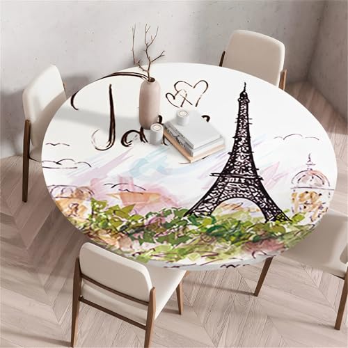 Treer Rund Tischdecke Abwaschbar, Eiffelturm-Druck Lotuseffekt Tischdecken, Outdoor Tischdecke, Elastisch Rund Gartentischdecke, Table Cloth für Garten, Küche, Esstisch, Parteien (Aquarell,70cm) von Treer
