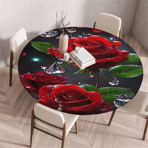 Treer Rund Tischdecke Abwaschbar, Elegante Rose Lotuseffekt Tischdecken, Outdoor Tischdecke, Elastisch Rund Gartentischdecke, Table Cloth für Garten, Küche, Esstisch, Parteien (Rose 4,120cm) von Treer