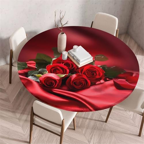 Treer Rund Tischdecke Abwaschbar, Elegante Rose Lotuseffekt Tischdecken, Outdoor Tischdecke, Elastisch Rund Gartentischdecke, Table Cloth für Garten, Küche, Esstisch, Parteien (Rose 6,90cm) von Treer