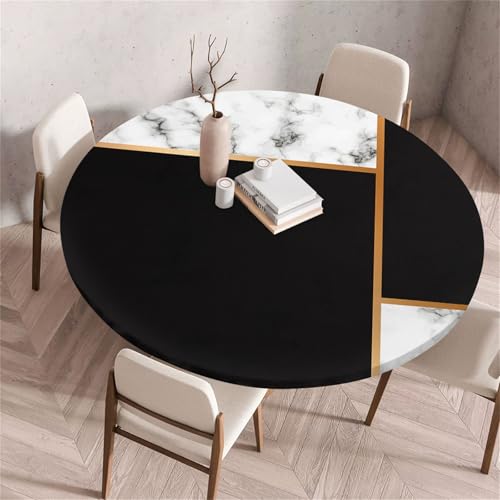 Treer Rund Tischdecke Abwaschbar, Geometrische Textur Lotuseffekt Tischdecken, Outdoor Tischdecke, Elastisch Rund Gartentischdecke, Table Cloth für Garten, Esstisch, Parteien (Schwarz 1,120cm) von Treer