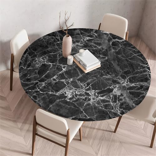 Treer Rund Tischdecke Abwaschbar, Marmortotem Lotuseffekt Tischdecken, Outdoor Tischdecke, Elastisch Rund Gartentischdecke, Table Cloth für Garten, Küche, Esstisch, Parteien (Schwarz,90cm) von Treer