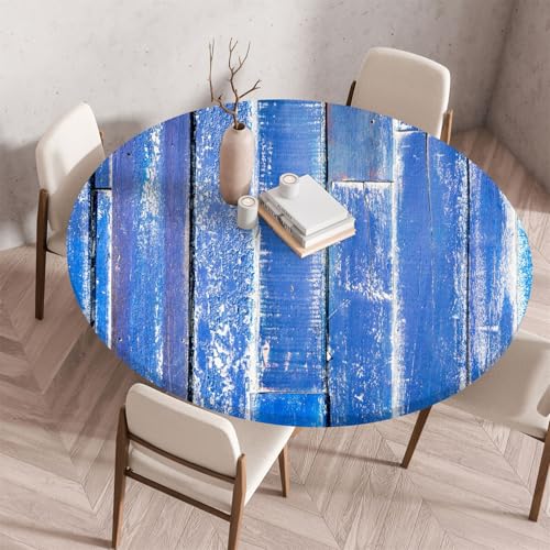 Treer Rund Tischdecke Abwaschbar, Moderner Holzplattendruck Lotuseffekt Tischdecken, Outdoor Tischdecke, Elastisch Rund Gartentischdecke, Table Cloth für Garten, Küche, Parteien (Blau,90cm) von Treer