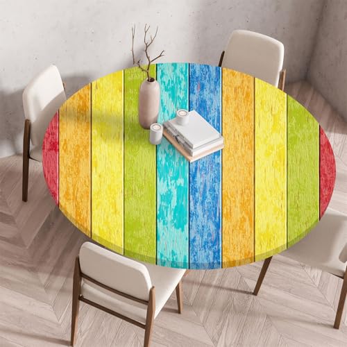 Treer Rund Tischdecke Abwaschbar, Moderner Holzplattendruck Lotuseffekt Tischdecken, Outdoor Tischdecke, Elastisch Rund Gartentischdecke, Table Cloth für Garten, Küche, Parteien (Bunt,160cm) von Treer
