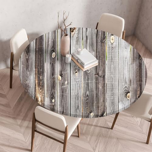 Treer Rund Tischdecke Abwaschbar, Moderner Holzplattendruck Lotuseffekt Tischdecken, Outdoor Tischdecke, Elastisch Rund Gartentischdecke, Table Cloth für Garten, Küche, Parteien (Grau,110cm) von Treer