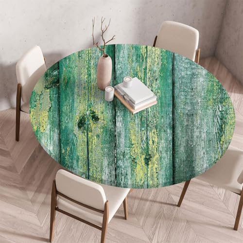 Treer Rund Tischdecke Abwaschbar, Moderner Holzplattendruck Lotuseffekt Tischdecken, Outdoor Tischdecke, Elastisch Rund Gartentischdecke, Table Cloth für Garten, Küche, Parteien (Grün 1,100cm) von Treer