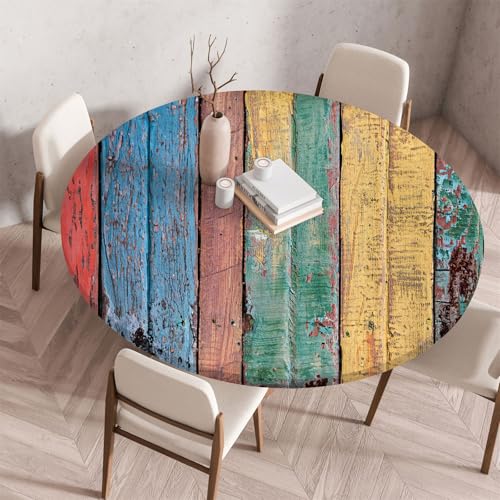 Treer Rund Tischdecke Abwaschbar, Moderner Holzplattendruck Lotuseffekt Tischdecken, Outdoor Tischdecke, Elastisch Rund Gartentischdecke, Table Cloth für Garten, Küche, Parteien (Mehrfarbig,130cm) von Treer