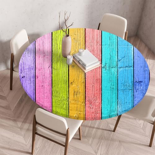 Treer Rund Tischdecke Abwaschbar, Moderner Holzplattendruck Lotuseffekt Tischdecken, Outdoor Tischdecke, Elastisch Rund Gartentischdecke, Table Cloth für Garten, Küche, Parteien (Regenbogen,60cm) von Treer