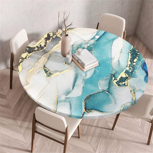 Treer Rund Tischdecke Abwaschbar, Moderner Marmor Druck Lotuseffekt Tischdecken, Outdoor Tischdecke, Elastisch Rund Gartentischdecke, Table Cloth für Garten, Esstisch, Parteien (Aqua,140cm) von Treer