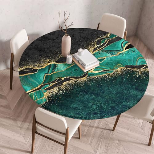 Treer Rund Tischdecke Abwaschbar, Moderner Marmor Druck Lotuseffekt Tischdecken, Outdoor Tischdecke, Elastisch Rund Gartentischdecke, Table Cloth für Garten, Esstisch, Parteien (Grün,140cm) von Treer