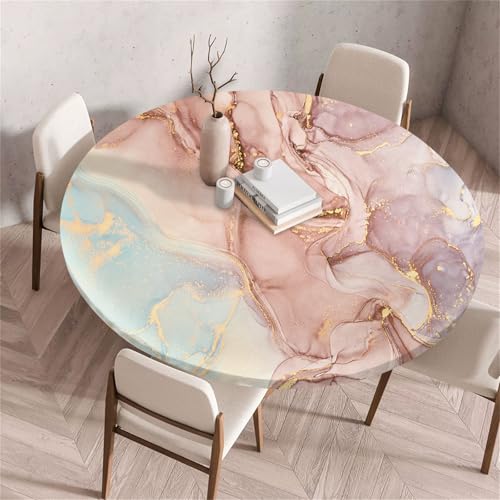 Treer Rund Tischdecke Abwaschbar, Moderner Marmor Druck Lotuseffekt Tischdecken, Outdoor Tischdecke, Elastisch Rund Gartentischdecke, Table Cloth für Garten, Esstisch, Parteien (Rosa,200cm) von Treer