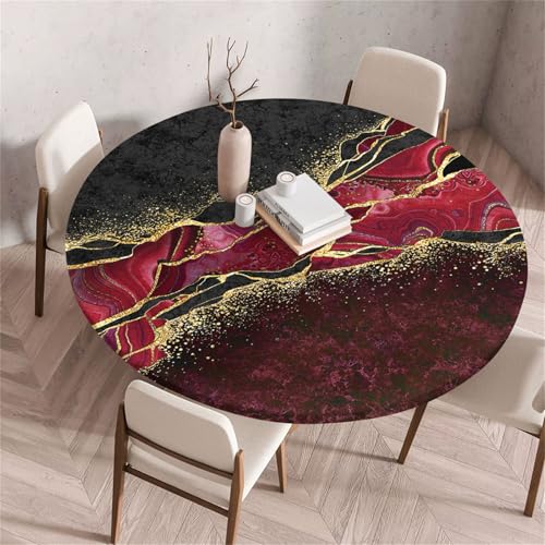 Treer Rund Tischdecke Abwaschbar, Moderner Marmor Druck Lotuseffekt Tischdecken, Outdoor Tischdecke, Elastisch Rund Gartentischdecke, Table Cloth für Garten, Esstisch, Parteien (Rot,120cm) von Treer