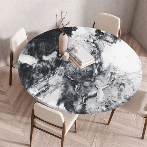 Treer Rund Tischdecke Abwaschbar, Moderner Marmor Druck Lotuseffekt Tischdecken, Outdoor Tischdecke, Elastisch Rund Gartentischdecke, Table Cloth für Garten, Esstisch, Parteien (Schwarz,120cm) von Treer