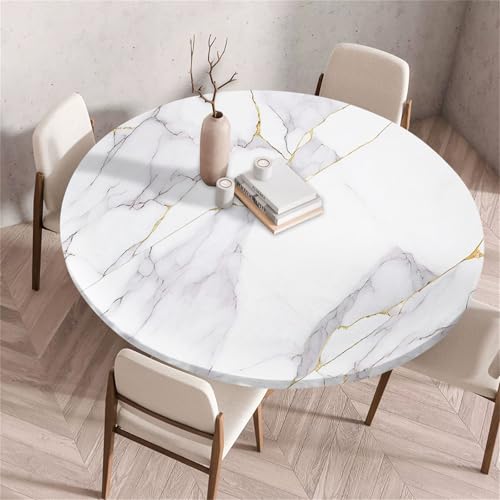 Treer Rund Tischdecke Abwaschbar, Moderner Marmor Druck Lotuseffekt Tischdecken, Outdoor Tischdecke, Elastisch Rund Gartentischdecke, Table Cloth für Garten, Esstisch, Parteien (Weiß,180cm) von Treer