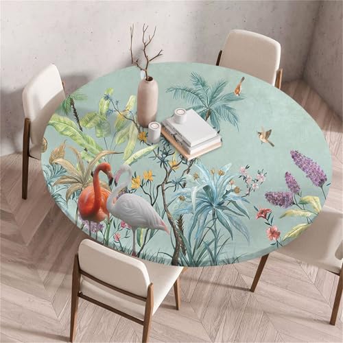 Treer Rund Tischdecke Abwaschbar, Tropischer Tierdruck Lotuseffekt Tischdecken, Outdoor Tischdecke, Elastisch Rund Gartentischdecke, Table Cloth für Garten, Esstisch, Parteien (Flamingo 2,180cm) von Treer