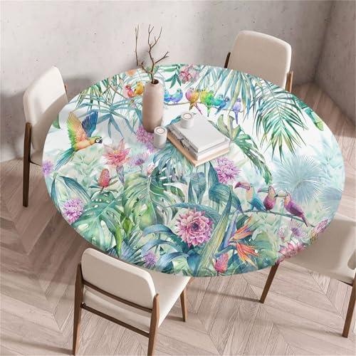 Treer Rund Tischdecke Abwaschbar, Tropischer Tierdruck Lotuseffekt Tischdecken, Outdoor Tischdecke, Elastisch Rund Gartentischdecke, Table Cloth für Garten, Esstisch, Parteien (Papagei,120cm) von Treer