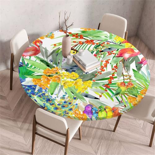 Treer Rund Tischdecke Abwaschbar, Tropischer Tierdruck Lotuseffekt Tischdecken, Outdoor Tischdecke, Elastisch Rund Gartentischdecke, Table Cloth für Garten, Esstisch, Parteien (Vogel,130cm) von Treer