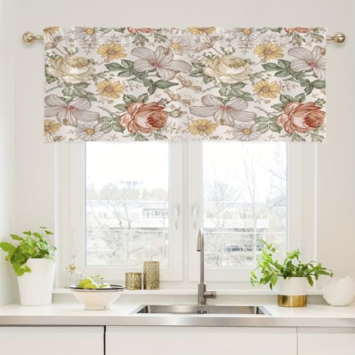 Treer Scheibengardine Küchen Bistrogardine, Kurzgardine mit Stangendurchzug, Cafe Vorhang Frühling Rustikaler Stil Kurzstore Küchengardinen für Kleine Fenster, Schlafzimmer (Beige Blumen,137x45cm) von Treer
