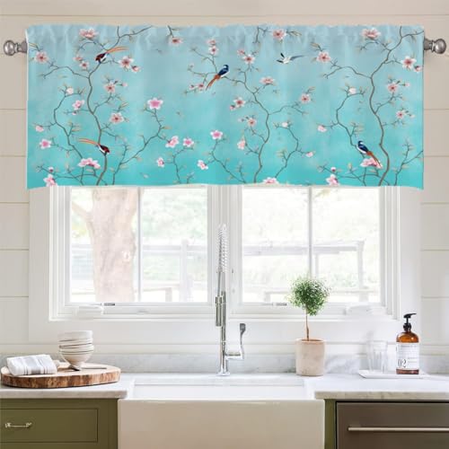 Treer Scheibengardine Küchen Bistrogardine, Kurzgardine mit Stangendurchzug, Cafe Vorhang Frühling Rustikaler Stil Kurzstore Küchengardinen für Kleine Fenster, Schlafzimmer (Blauer Vogel,137x45cm) von Treer