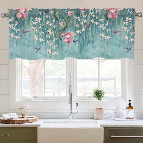 Treer Scheibengardine Küchen Bistrogardine, Kurzgardine mit Stangendurchzug, Cafe Vorhang Frühling Rustikaler Stil Kurzstore Küchengardinen für Kleine Fenster, Schlafzimmer (Blühende Ranken,137x45cm) von Treer