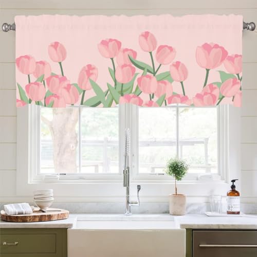 Treer Scheibengardine Küchen Bistrogardine, Kurzgardine mit Stangendurchzug, Cafe Vorhang Frühling Rustikaler Stil Kurzstore Küchengardinen für Kleine Fenster, Schlafzimmer (Rosa Tulpen,152x45cm) von Treer