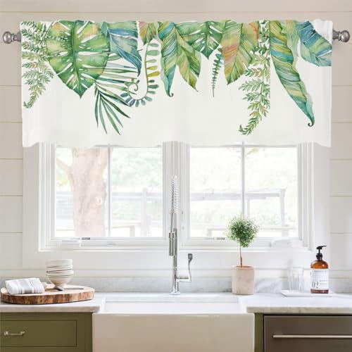 Treer Scheibengardine Küchen Bistrogardine, Tropischer Blattdruck Kurzgardine mit Stangendurchzug, Kurzstore Küchengardinen Schlafzimmer Cafe Vorhang für Kleine Fenster (Bananenblatt,152x45cm) von Treer