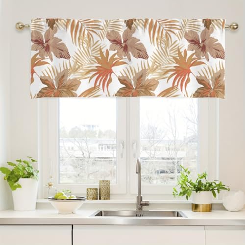 Treer Scheibengardine Küchen Bistrogardine, Tropischer Blattdruck Kurzgardine mit Stangendurchzug, Kurzstore Küchengardinen Schlafzimmer Cafe Vorhang für Kleine Fenster (Khakiblatt,152x45cm) von Treer