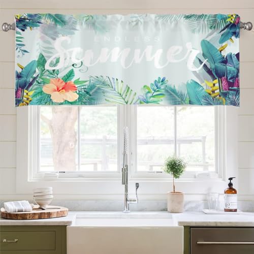 Treer Scheibengardine Küchen Bistrogardine, Tropischer Blattdruck Kurzgardine mit Stangendurchzug, Kurzstore Küchengardinen Schlafzimmer Cafe Vorhang für Kleine Fenster (Sommer,152x45cm) von Treer