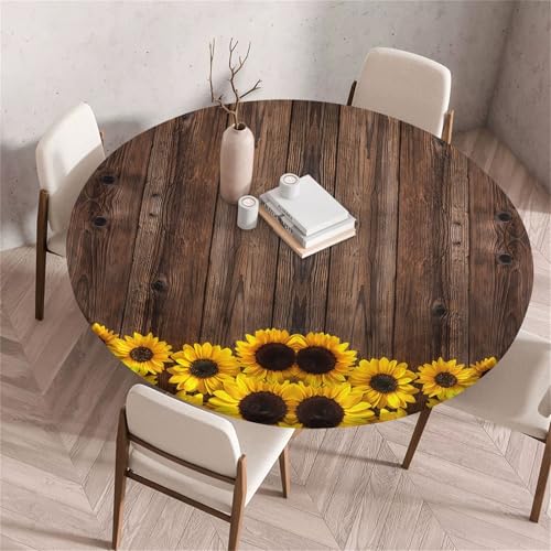 Treer Sonnenblumengarten Druck Tischdecke Outdoor Rund, Lotuseffekt Tischdecke Abwaschbar Elastisch Rund Gartentischdecke, für Garten, Küche, Esstisch, Parteien Tischdecken (Braun,80cm) von Treer