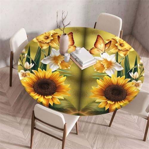 Treer Sonnenblumengarten Druck Tischdecke Outdoor Rund, Lotuseffekt Tischdecke Abwaschbar Elastisch Rund Gartentischdecke, für Garten, Küche, Esstisch, Parteien Tischdecken (Sonnenblume 2,90cm) von Treer