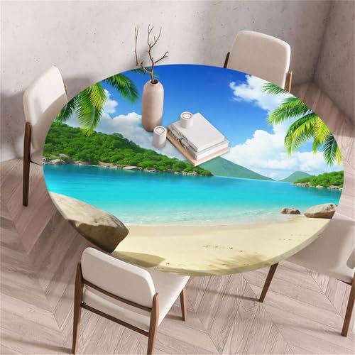 Treer Strandlandschaft Am Meer Tischdecke Outdoor Rund, Lotuseffekt Tischdecke Abwaschbar Elastisch Rund Gartentischdecke, für Garten, Küche, Esstisch, Parteien Tischdecken (Berge,80cm) von Treer
