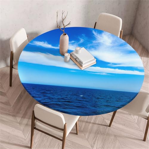 Treer Strandlandschaft Am Meer Tischdecke Outdoor Rund, Lotuseffekt Tischdecke Abwaschbar Elastisch Rund Gartentischdecke, für Garten, Küche, Esstisch, Parteien Tischdecken (Blau,150cm) von Treer