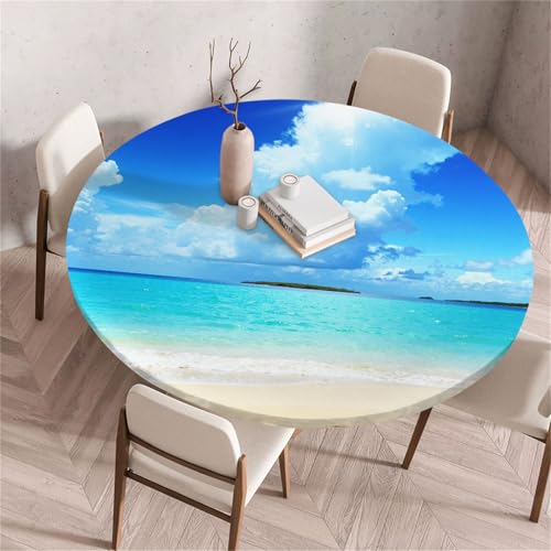 Treer Strandlandschaft Am Meer Tischdecke Outdoor Rund, Lotuseffekt Tischdecke Abwaschbar Elastisch Rund Gartentischdecke, für Garten, Küche, Esstisch, Parteien Tischdecken (Blauer Himmel,100cm) von Treer
