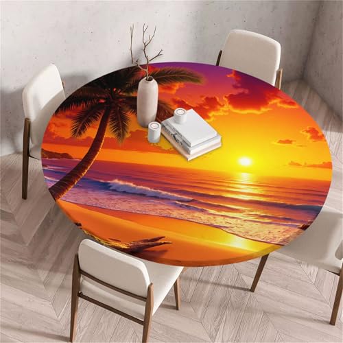 Treer Strandlandschaft Am Meer Tischdecke Outdoor Rund, Lotuseffekt Tischdecke Abwaschbar Elastisch Rund Gartentischdecke, für Garten, Küche, Esstisch, Parteien Tischdecken (Orange,70cm) von Treer