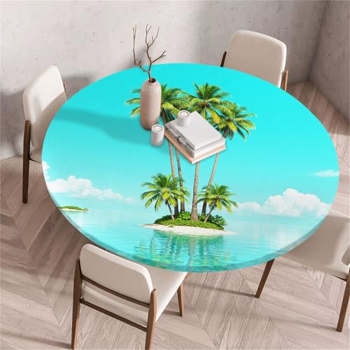 Treer Strandlandschaft Am Meer Tischdecke Outdoor Rund, Lotuseffekt Tischdecke Abwaschbar Elastisch Rund Gartentischdecke, für Garten, Küche, Esstisch, Parteien Tischdecken (Palmen,70cm) von Treer