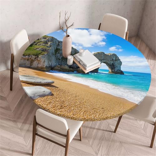 Treer Strandlandschaft Am Meer Tischdecke Outdoor Rund, Lotuseffekt Tischdecke Abwaschbar Elastisch Rund Gartentischdecke, für Garten, Küche, Esstisch, Parteien Tischdecken (Strand,100cm) von Treer