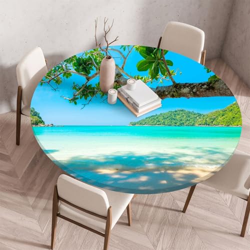 Treer Tischdecke Outdoor Rund, 3D Strand mit Meerblick Lotuseffekt Tischdecke Abwaschbar Elastisch Rund Gartentischdecke, für Garten, Küche, Esstisch, Parteien Tischdecken (110CM,Ozean 11) von Treer